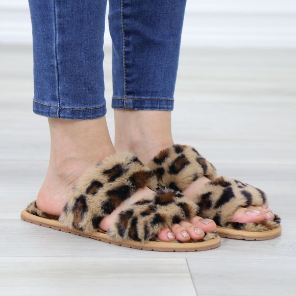 Leopard Tan Puff Fuzzy Fluffy Slip On Plush Slippers Double Strap - Picture 2 of 16